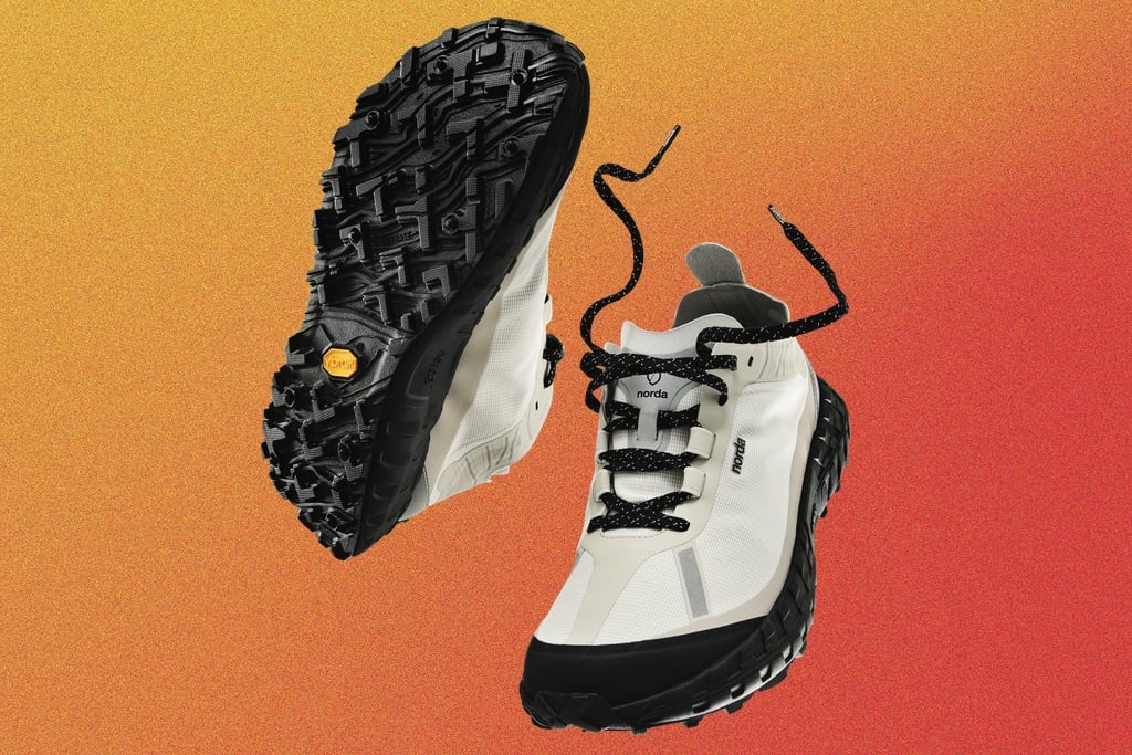 The 2025 Azure gift guide features great gift ideas for architects and designers who love wearing all black, including a pair of trail running shoes shown against a textured orange background.