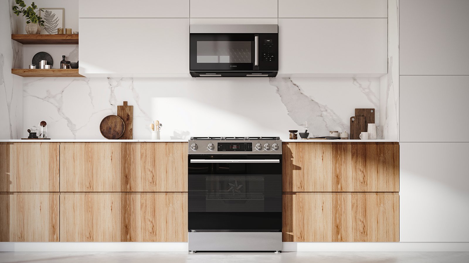 100 Series Range by Bosch in modern white and wood kitchen