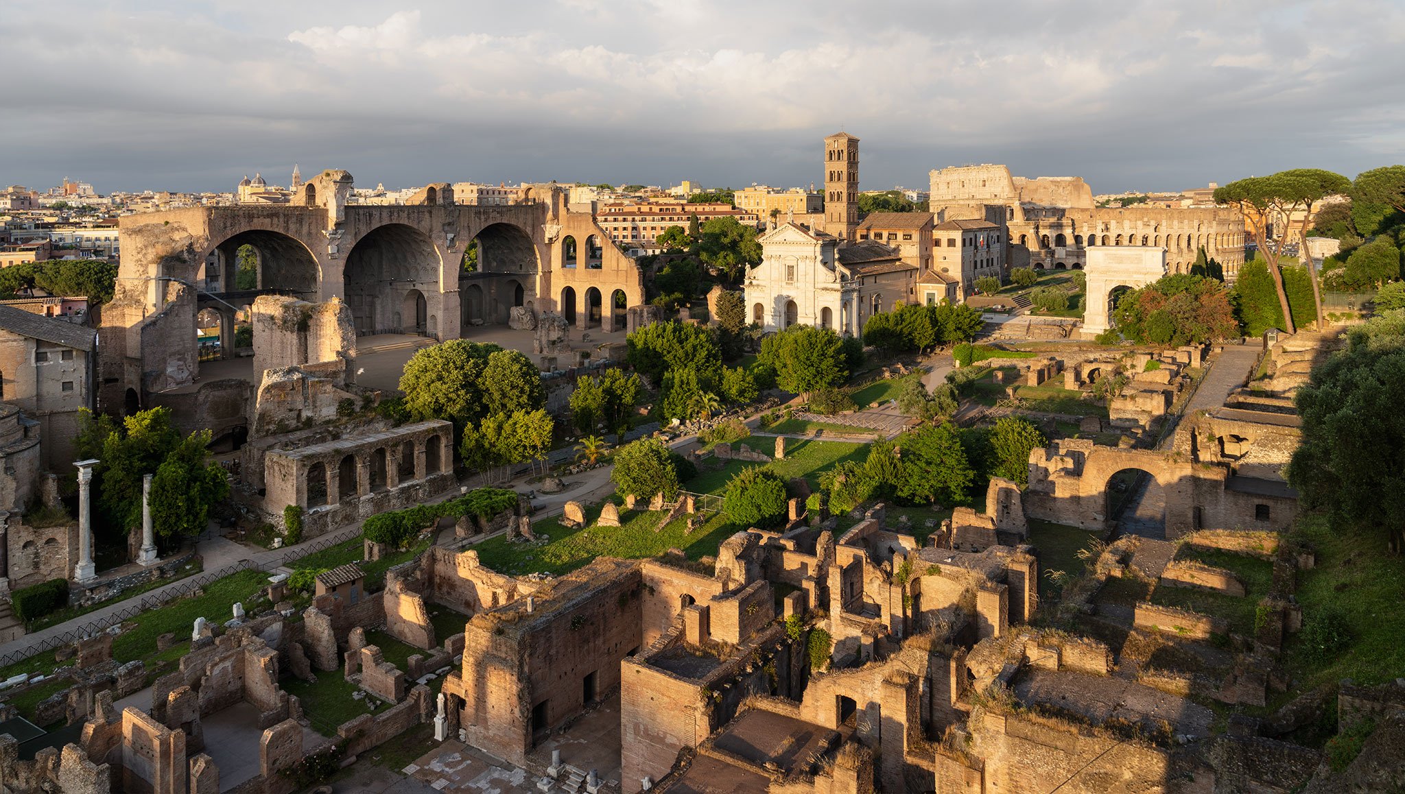 Aerial view of restored architectural ruins in Italy