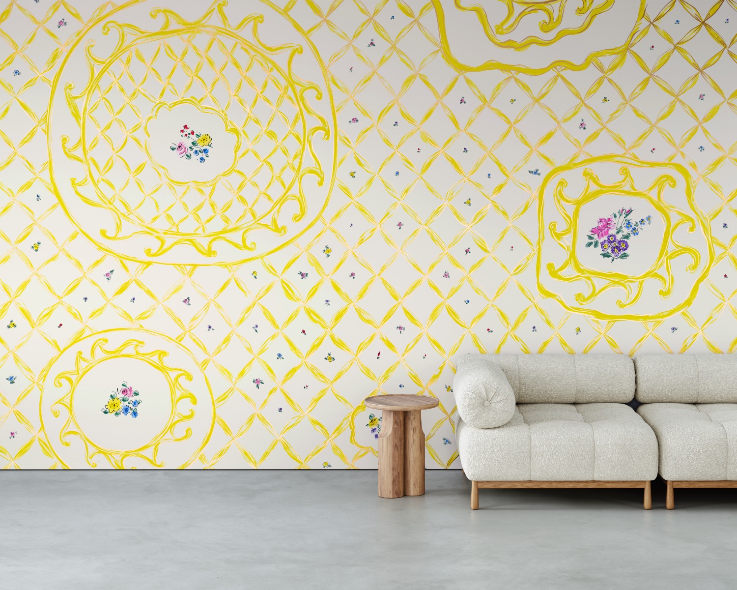 Lattice Wallpaper in Canary Calico