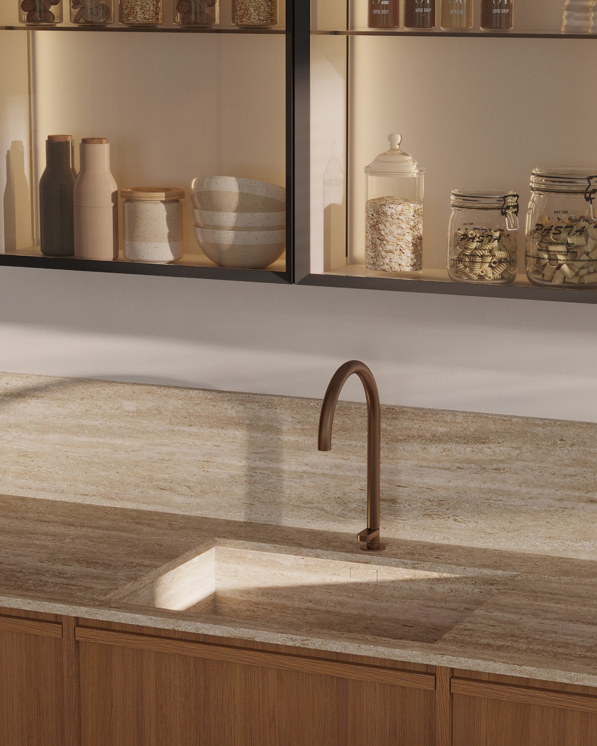 Dekton Nebu ultra-compact surfacing clads the countertops and sink of the Forma kitchen by Corner