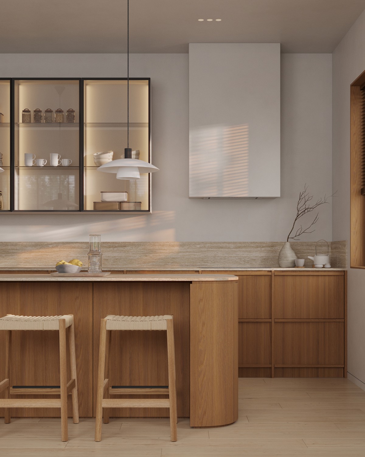 Glass-front upper cabinets showcase display-worthy items in the Forma kitchen by Corner