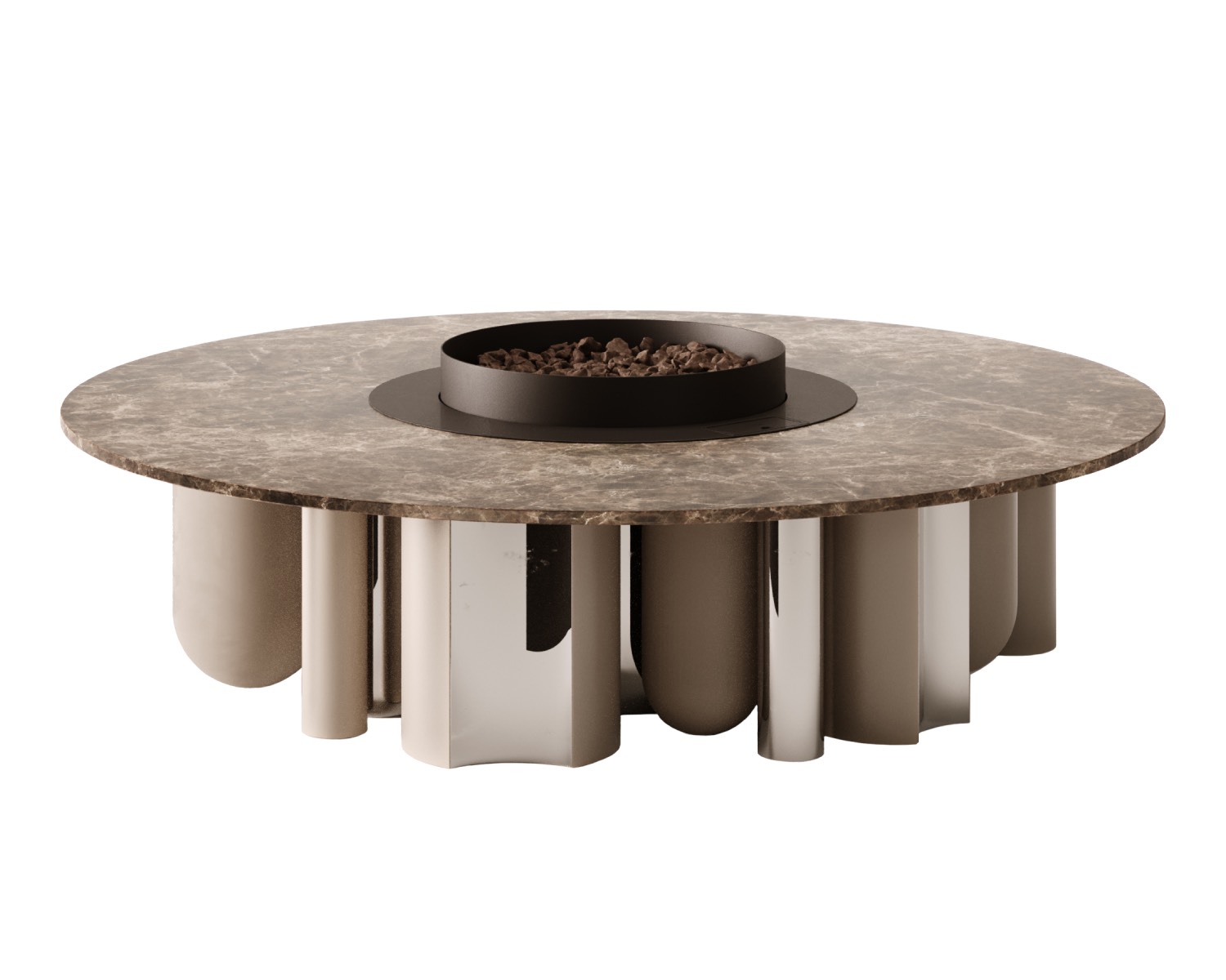 A variety of marbles and solid surfaces are available for the surface of the Fogo fire pit from Myface