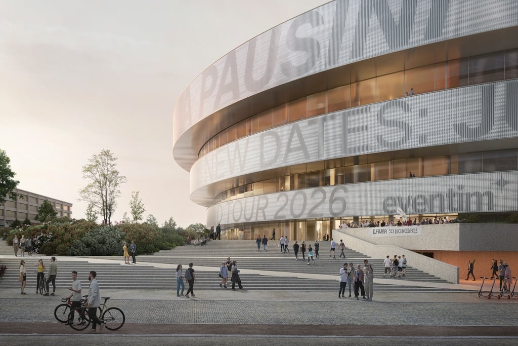 A rendering of the plaza outside the hockey arena, showing the new project's glowing bands displaying text about upcoming events.