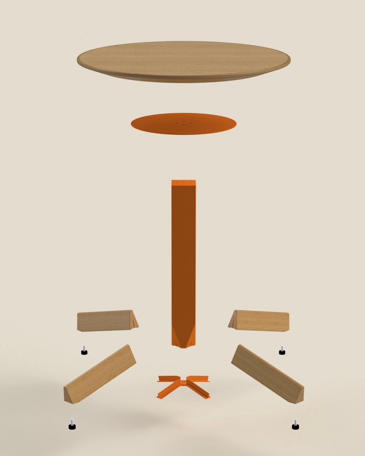 An exploded view of a side table's various construction components.