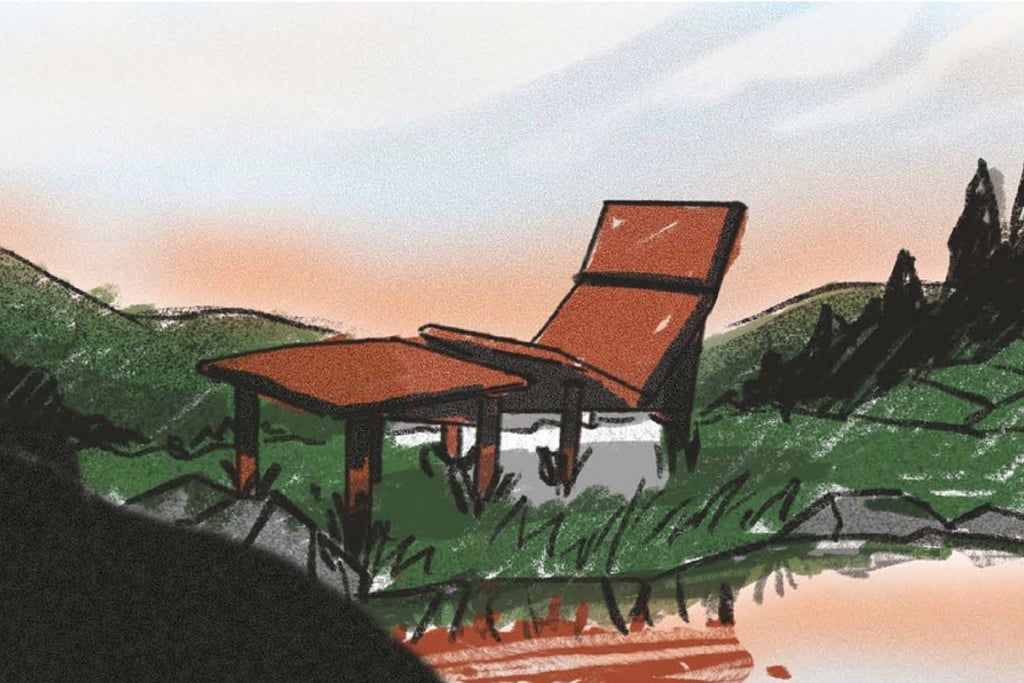 A watercolour sketch of a wood lounge chair in a forest setting.