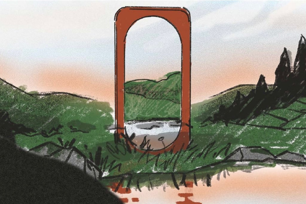 A watercolour sketch of a rounded floor mirror in a forest setting.