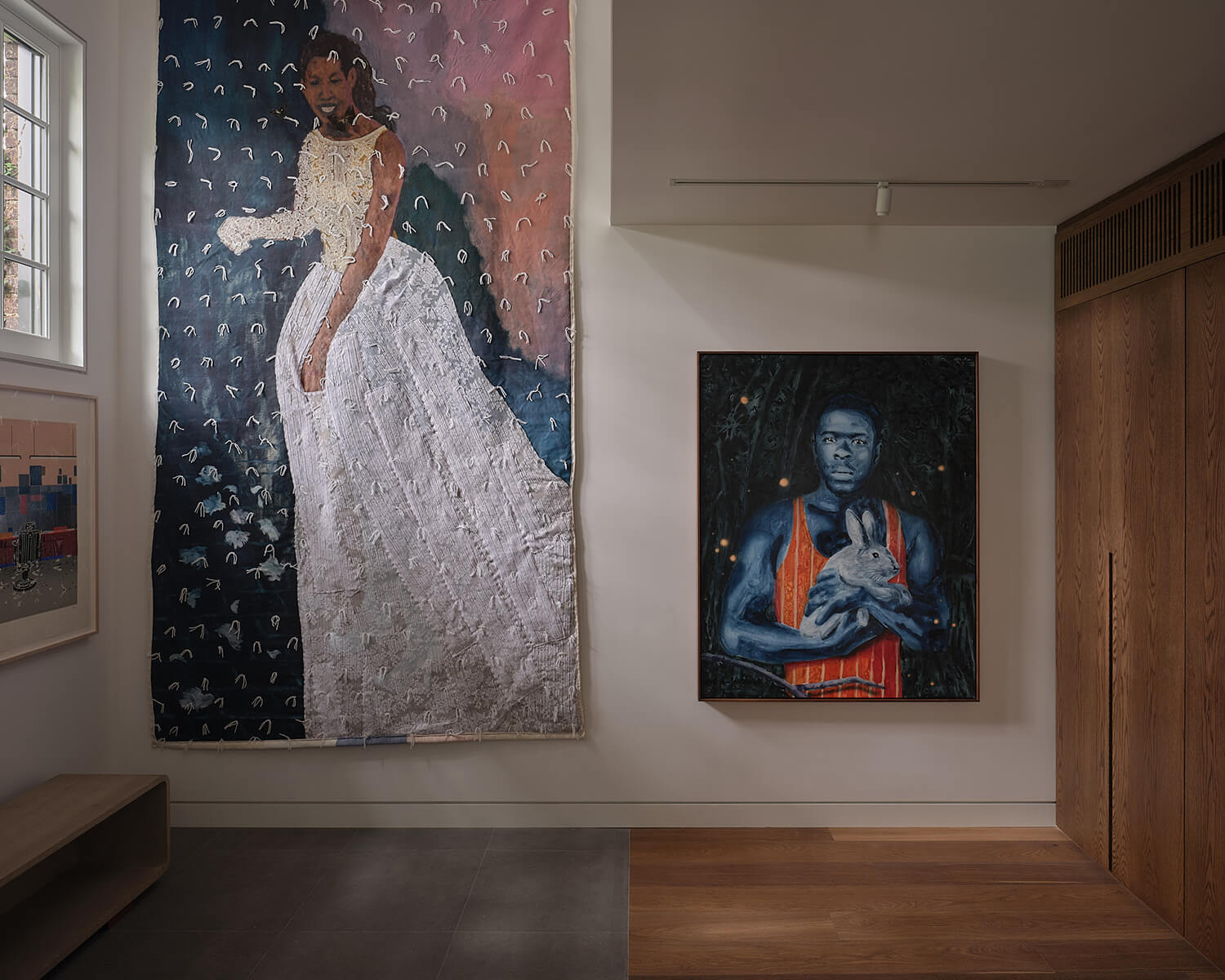 In the double-height foyer, an awe-inspiring textile work by Preston Pavlis depicts Michelle Obama dressed in lace. It is paired with an evocative watercolour by Richard Nattoo, entitled I See.