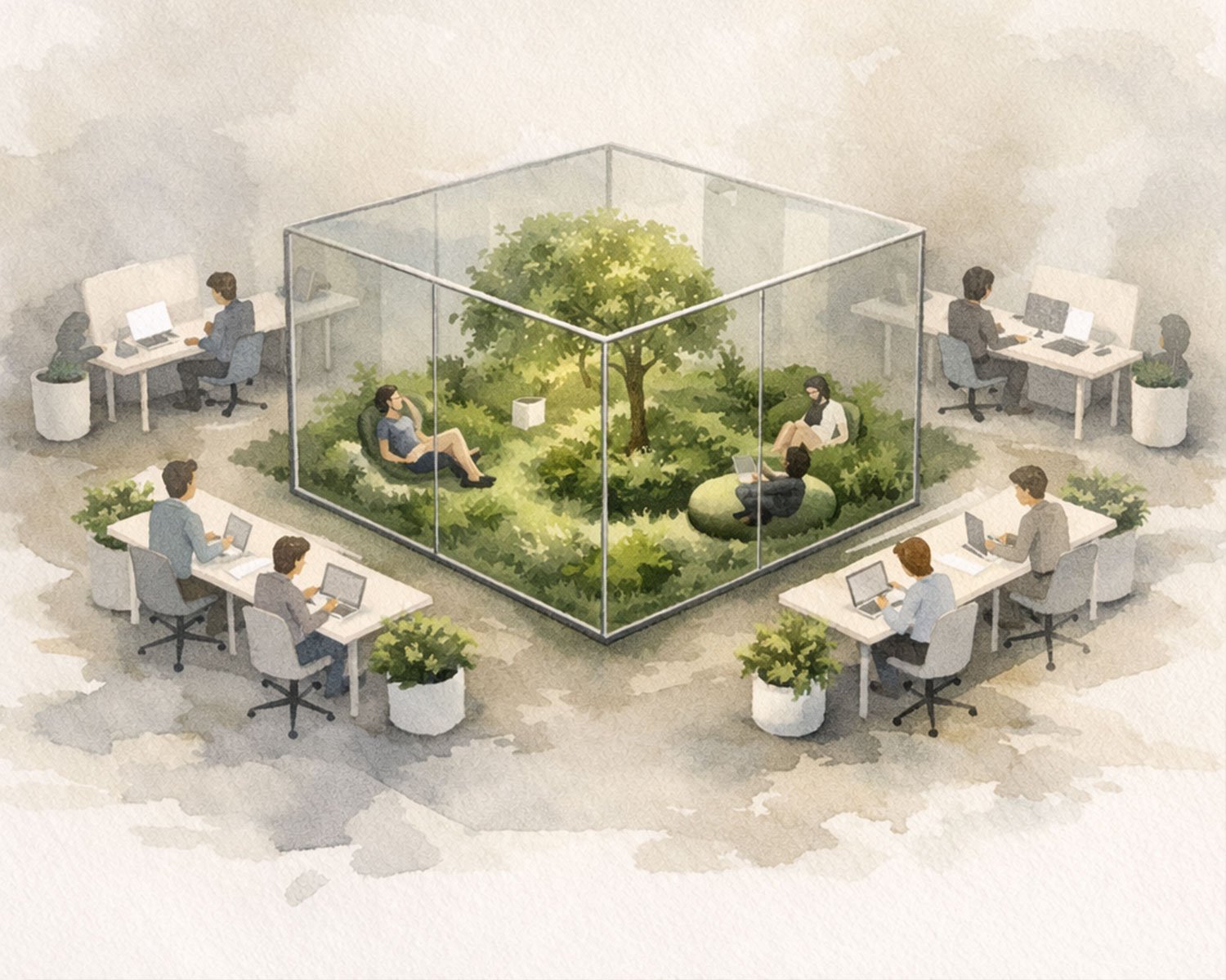A watercolour sketch of a room featuring a series of office desks surrounding a glass-encased courtyard with a tree at the centre and a group of people sitting on lounge chairs. It's a preview of an upcoming installation at IDS Toronto 2026.