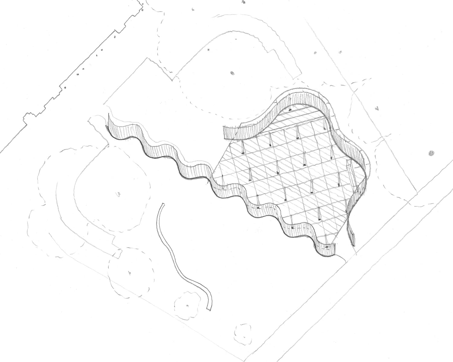 Serpentine Pavilion 2026 a serpentine, designed by Isabel Abascal and Alessandro Arienzo, LANZA atelier. Conceptual sketch, worm's eye view. © LANZA atelier. Courtesy Serpentine.