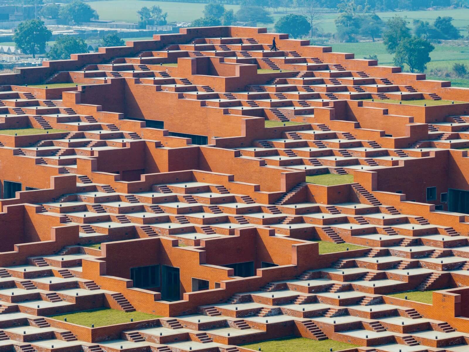 A close up of the stepped platforms of Prestige University by Sanjay Puri Architects
