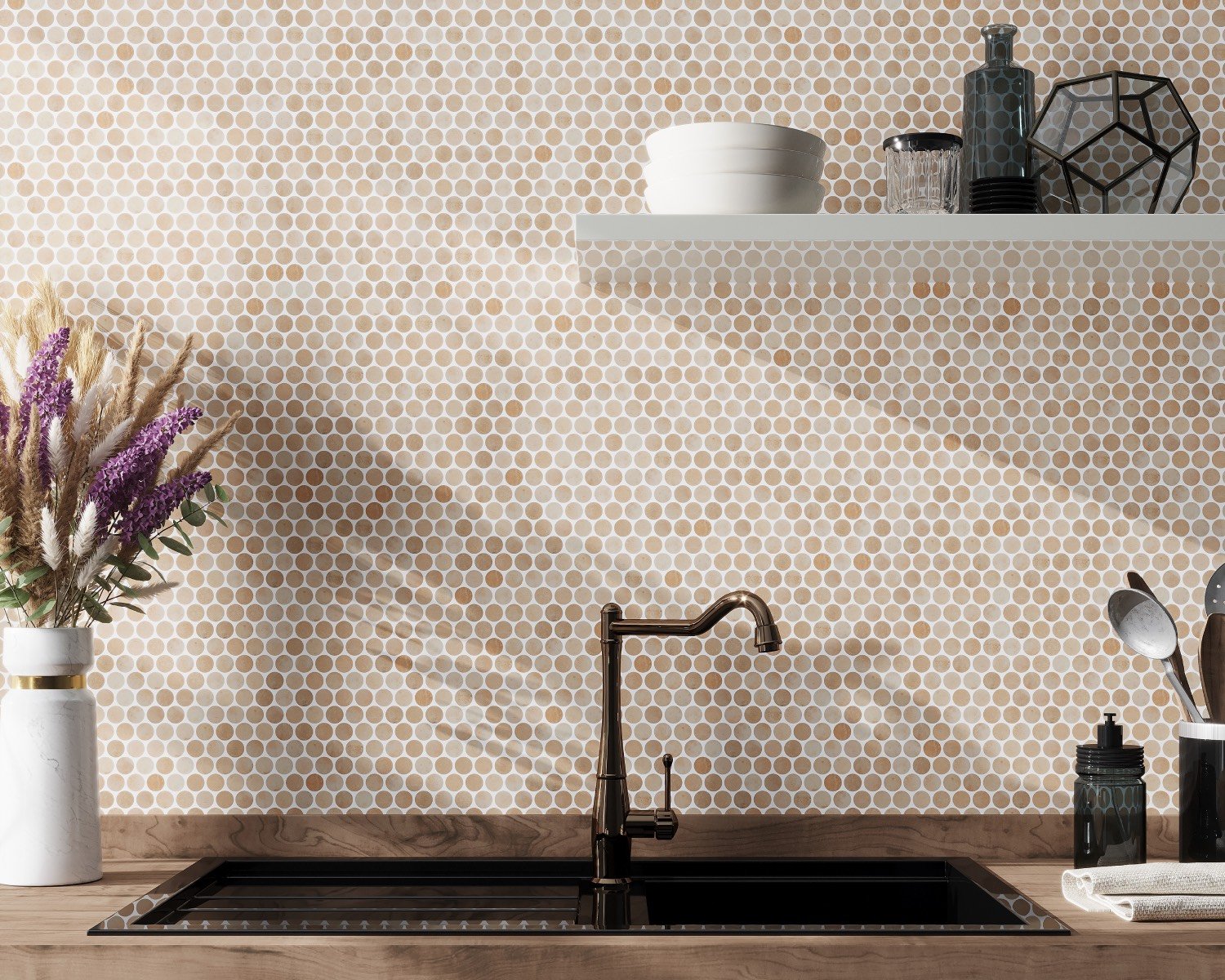 Kitchen sink with penny tile backsplash