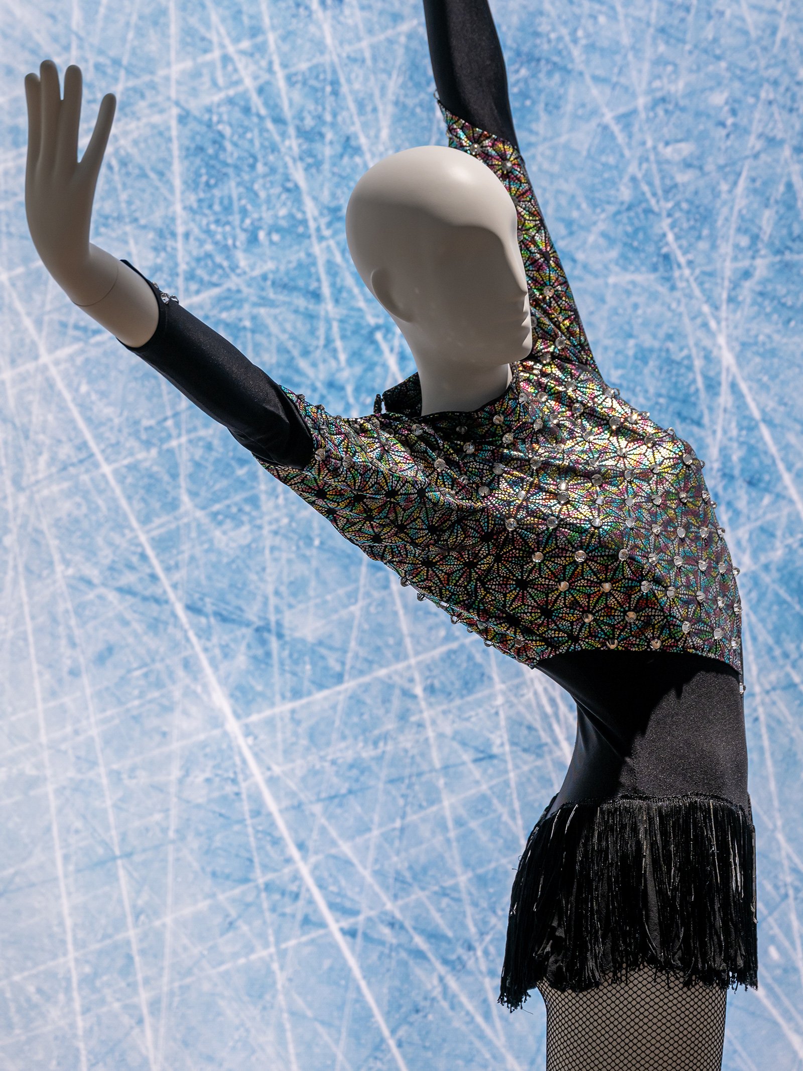 A closeup of an ice skating costume on a mannequin.