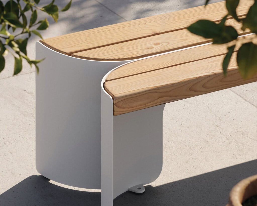 Close-up of white and wood bench