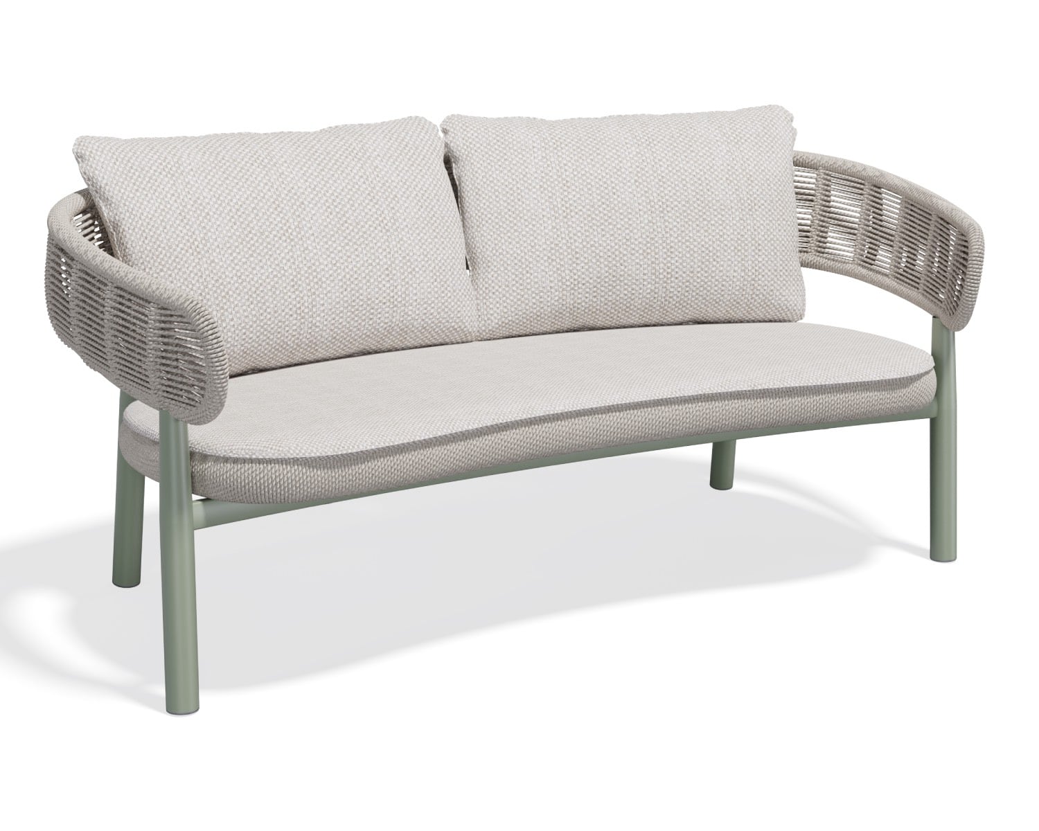 Grey outdoor sofa with woven backrest