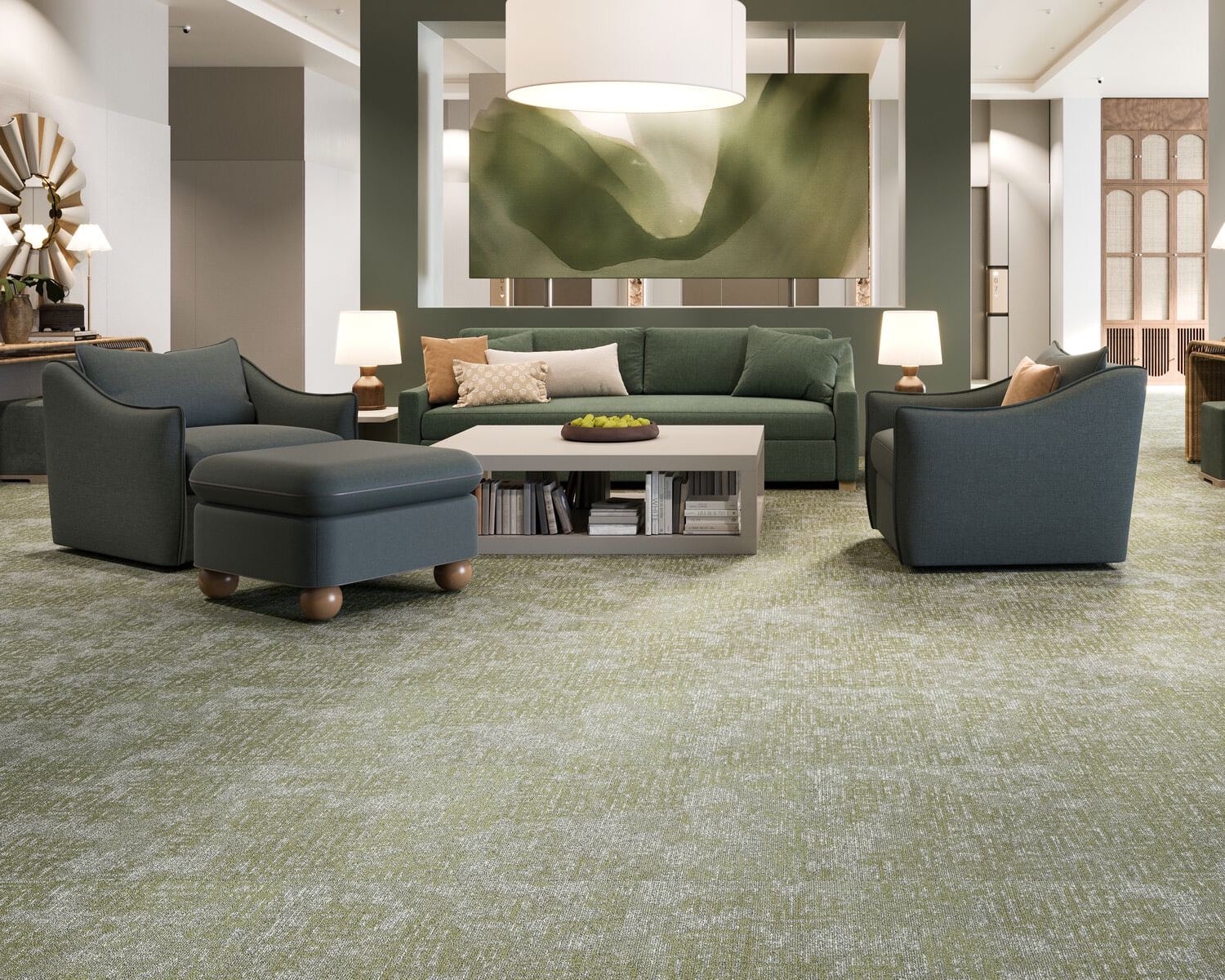 Sitting room with green carpet