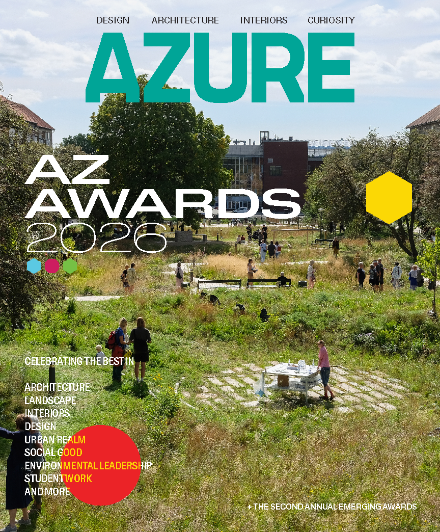 A group of people walk and gather in a grassy urban park with stone paths, featured on the cover of AZURE magazine promoting the AZ Awards 2026.