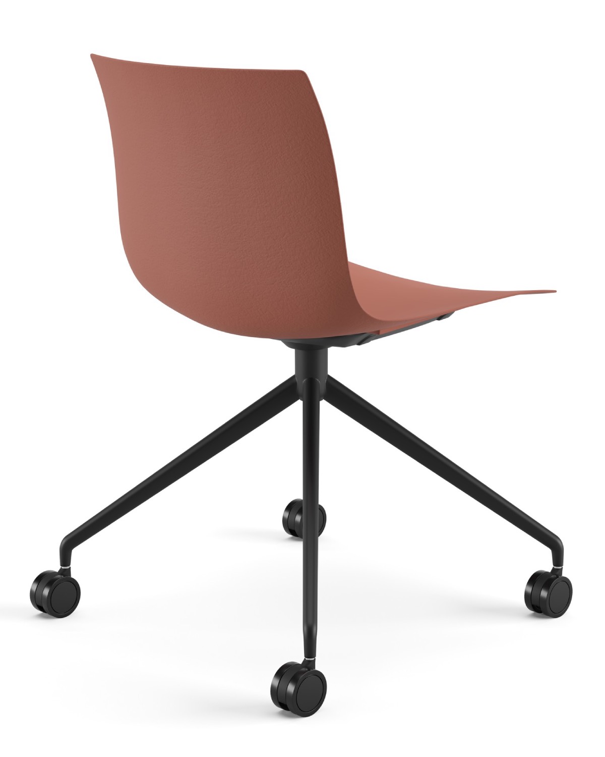 A modern office chair with a curved brown plastic seat, black metal base, and four legs on wheels, viewed from the back.