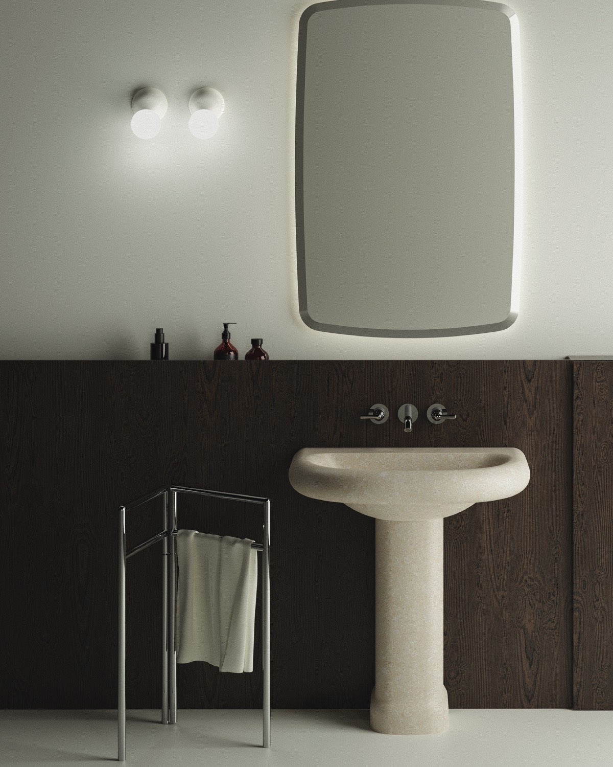 A minimalist bathroom featuring the Memory Classic sink from Agape, a rectangular mirror, two wall lights, a stone pedestal sink, dark wood backsplash, sleek soap dispensers, and a towel rack with a white towel.