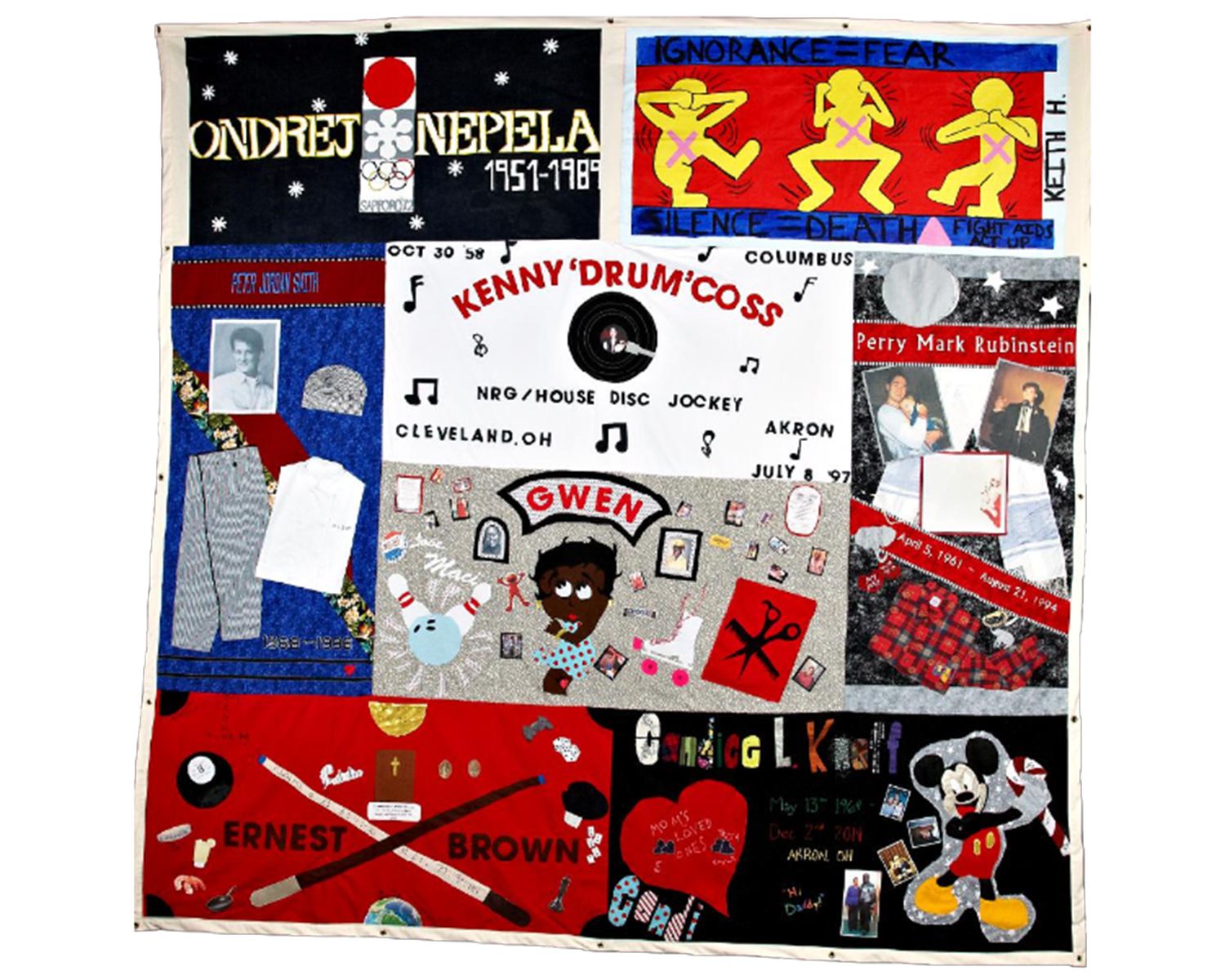 A quilt panel features names, photos, fabric cutouts, and designs in memory of individuals lost to AIDS, highlighted during July events. Bold text, musical notes, and various personal mementos bring each story to life.