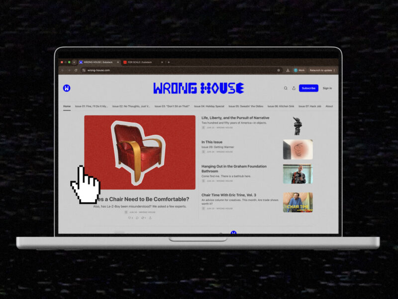 A laptop displays the Wrong House Substack website featuring an article about chair design.