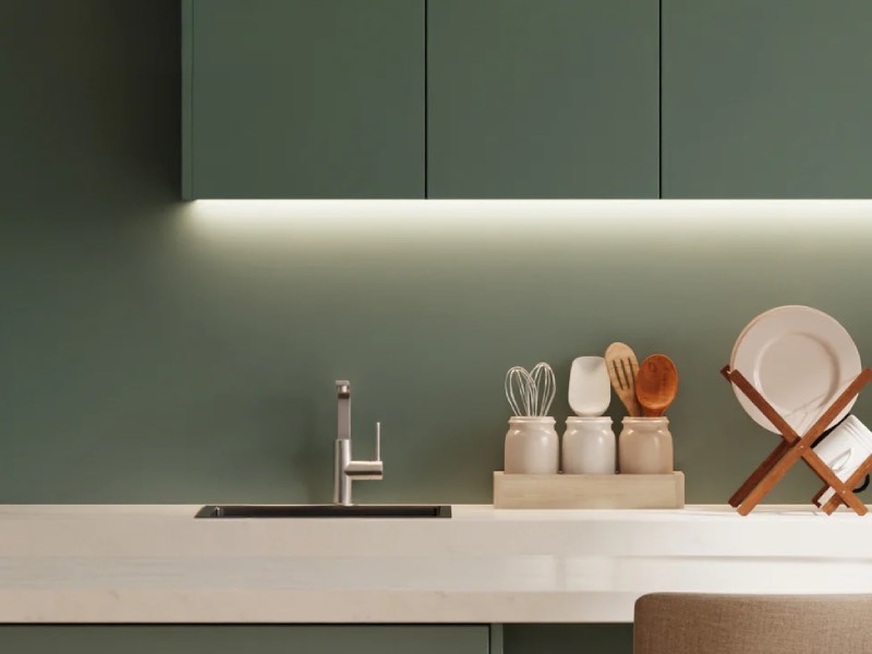 Modern kitchen countertop with a sink, utensil holders, and a dish rack with plates, set against green cabinets and under-cabinet lighting.