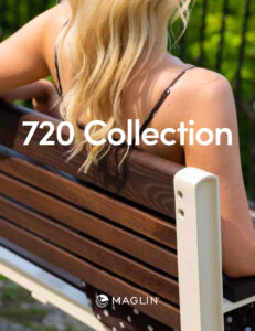 A woman with blonde hair sits on a wooden bench with a metal frame outdoors, showcasing the sleek design of the 720 Collection Maglin. Text reads “720 Collection” and “MAGLIN.”.