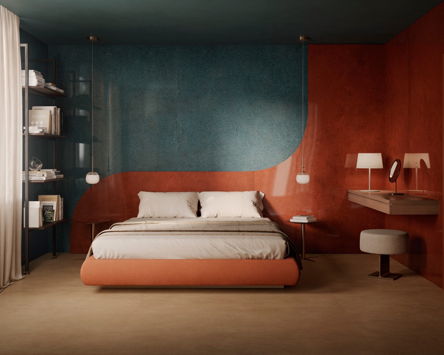 Modern bedroom with a low orange bed, blue and orange accent wall, pendant lights, shelves, a wall-mounted desk, and a round stool. Natural light filters in through a sheer curtain.