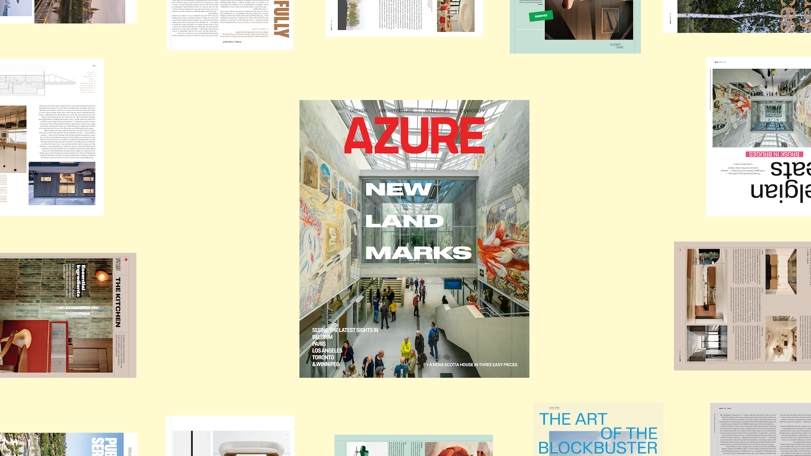 The cover of Azure magazine titled “New Land Marks” is surrounded by open magazine spreads featuring various architecture and design articles.