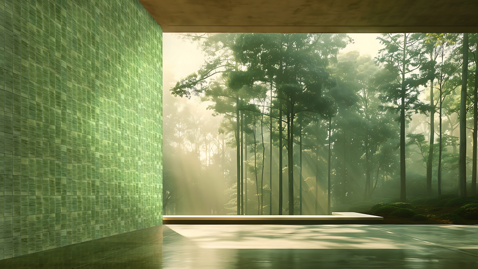 A green tiled wall overlooks a forest with sunlight streaming through the trees.