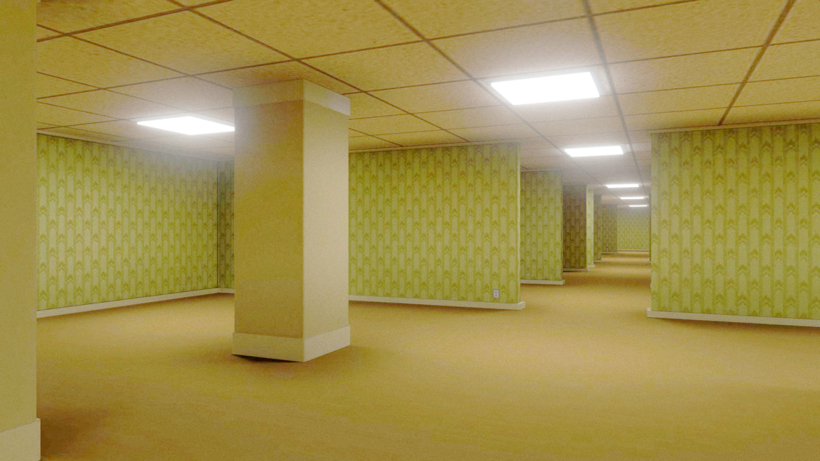 A long, empty corridor with yellow patterned wallpaper, tan carpet, and square ceiling lights reminiscent of horror films.