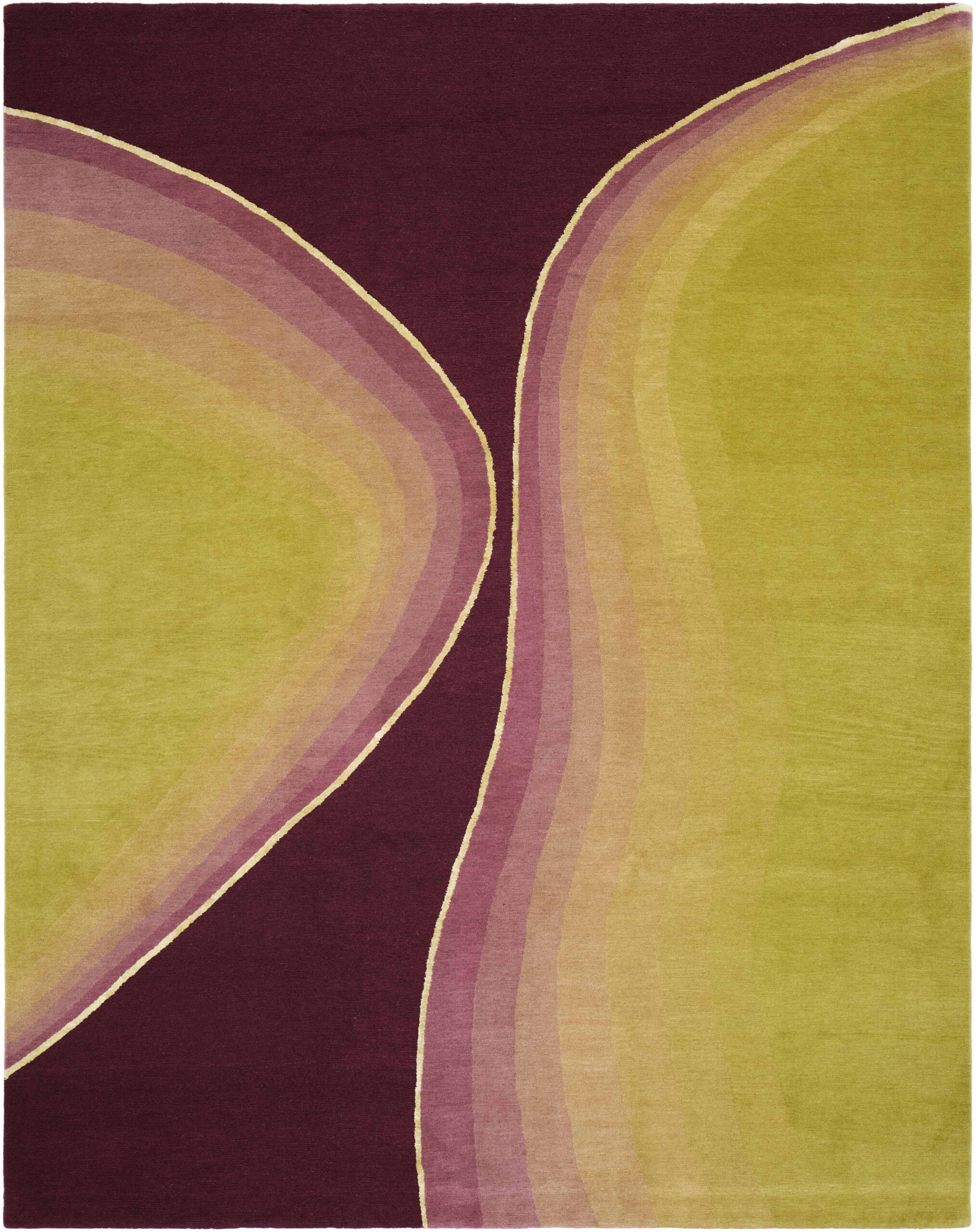 Abstract rug from Rom Com Furniture features overlapping curved shapes in olive green, burgundy, and pink, creating a symmetrical, organic pattern.