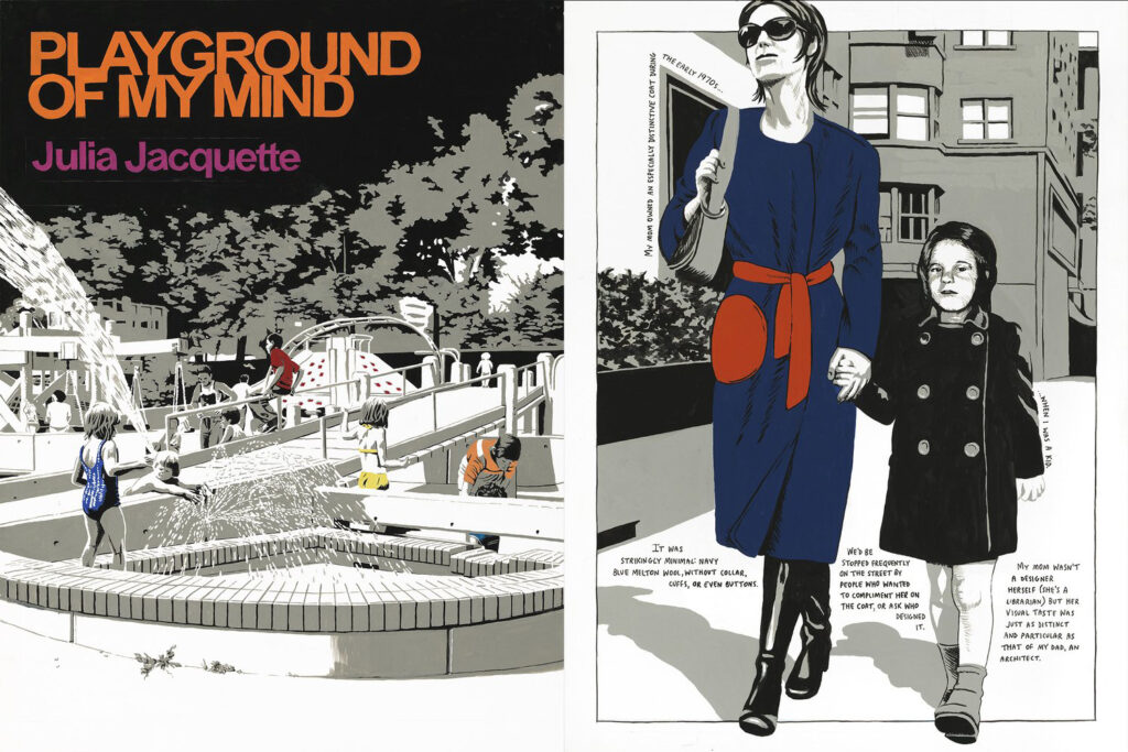 A two-panel illustration titled “Playground of My Mind” by Julia Jacquette, showing children at a playground and a woman walking with a child with handwritten text.
