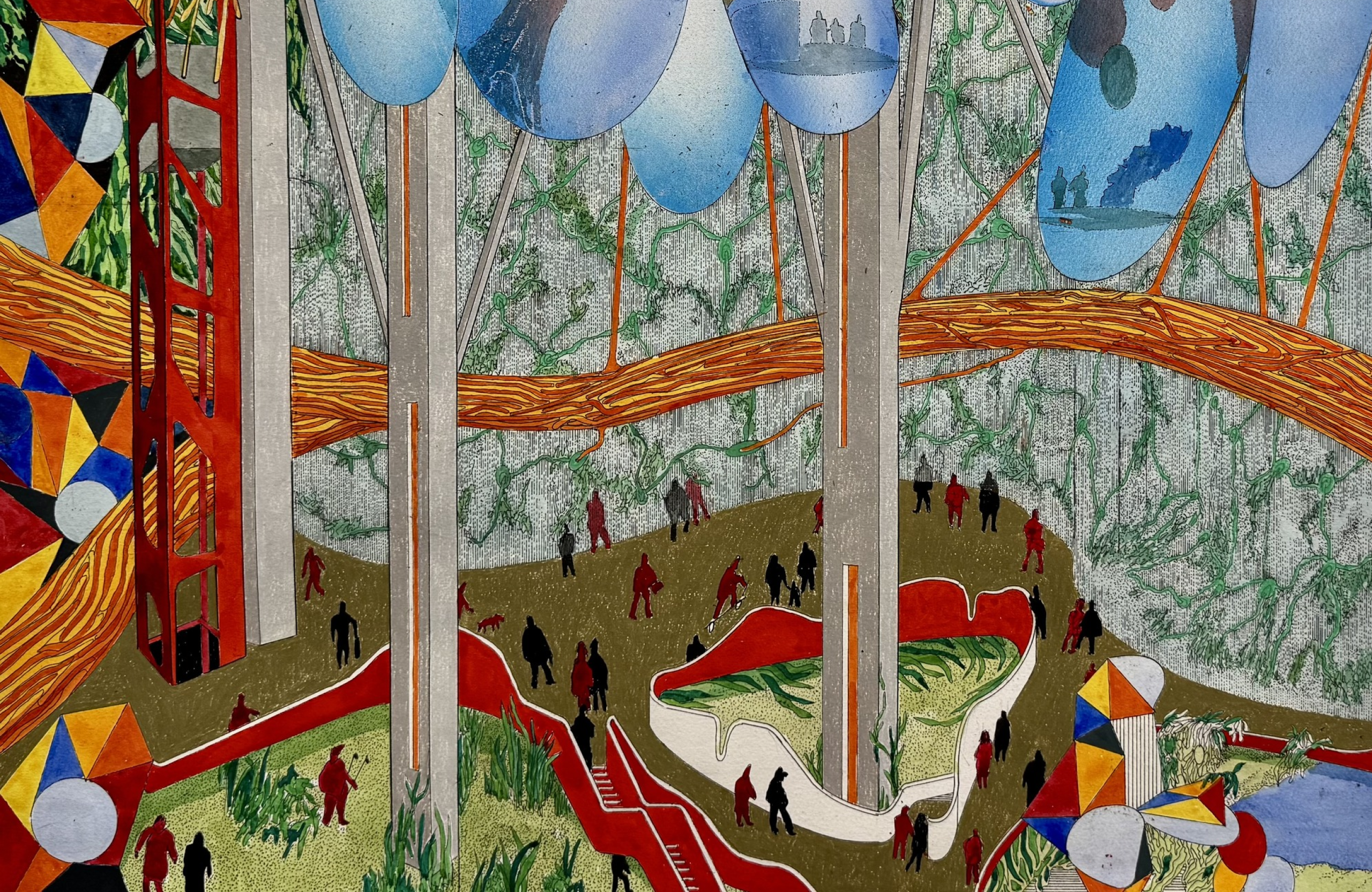 A stylized park drawing with tall pillars, a large orange horizontal branch, and blue floating shapes over a crowd.