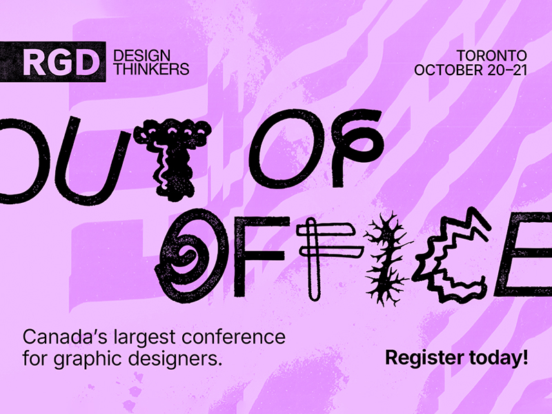 RGD Design Thinkers conference poster with the title “Out of Office,” listing the Toronto event for October 20–21, 2026