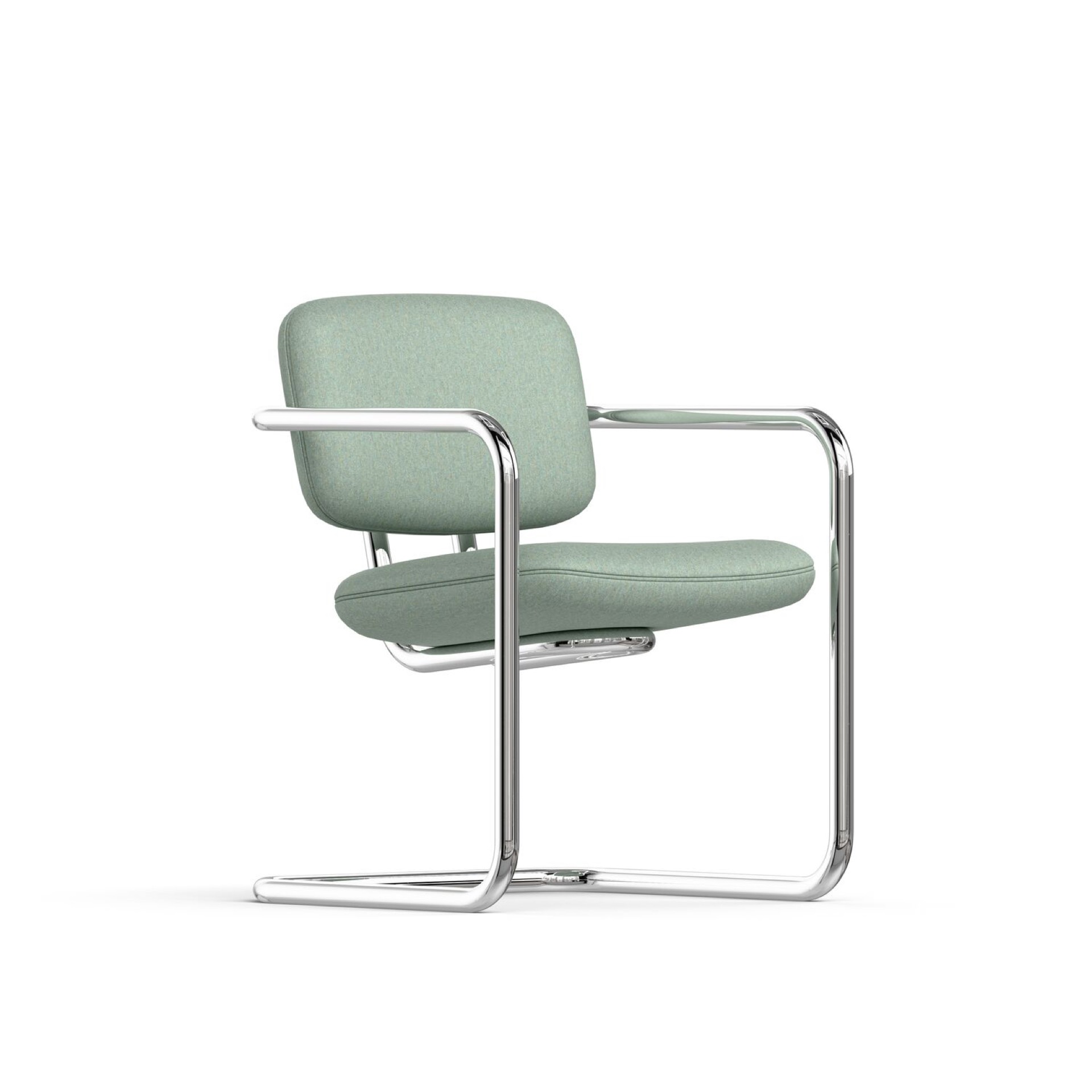A modern chair with light green upholstered seat and backrest, featuring a cantilevered chrome metal frame and open armrests.